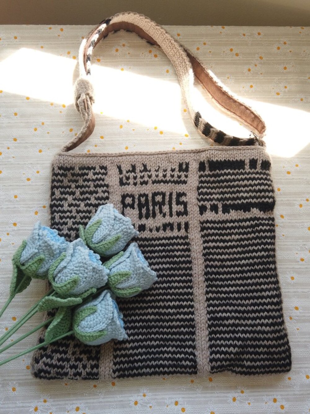 Hand-knitted Vintage Parisian Newspaper Wool Knit Bag